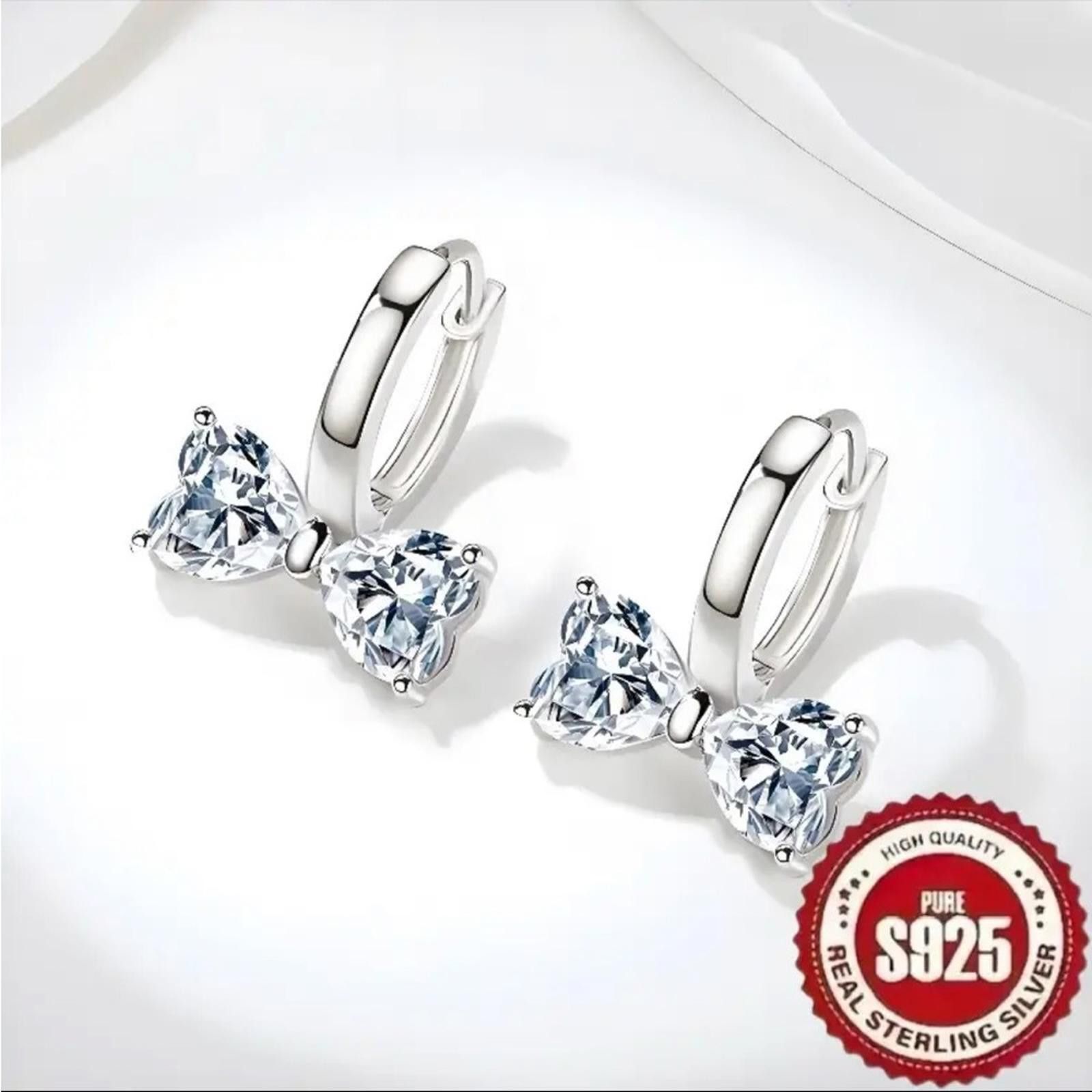 Designer S925 Silver Bow Earrings with Simulated Diamonds Size ONE SIZE - 3 Thumbnail