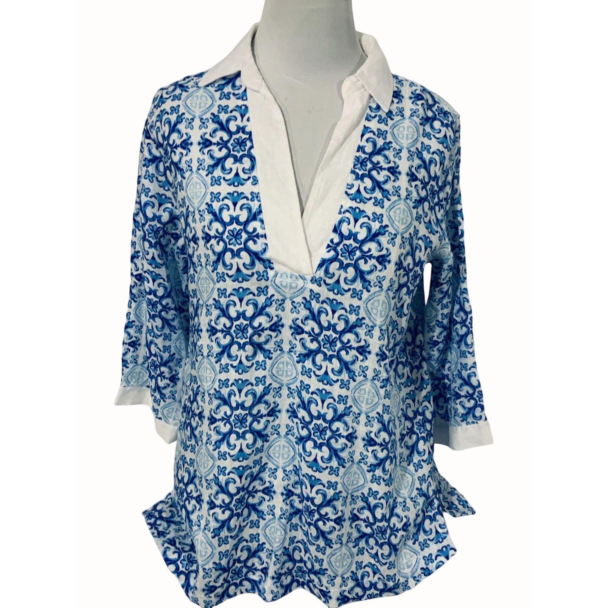 Isaac Mizrahi Isaac Mizrahi Blue White Quarter Sleeve Linen Top Small Size S / US 4 / IT 40 - 1 Thumbnail