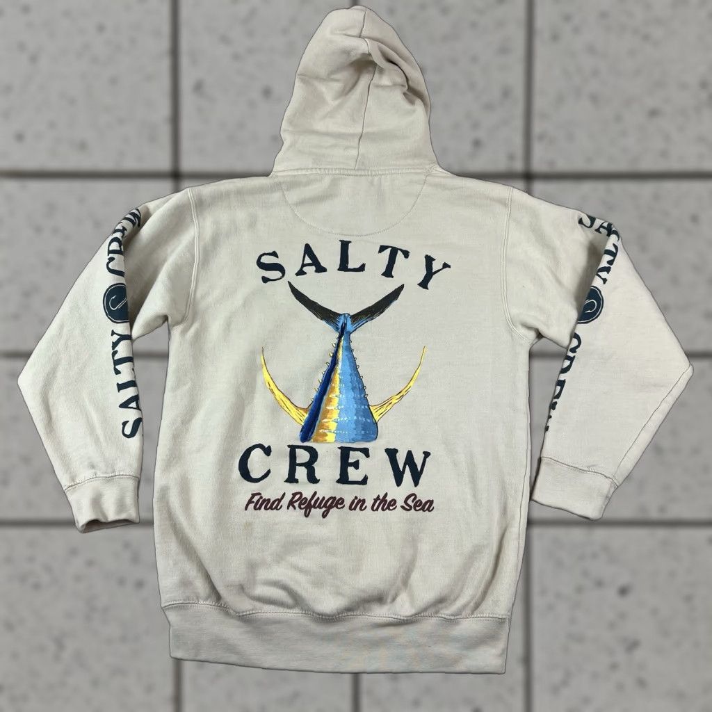 Vintage Salty Crew Hoodie Small Tan Beige Pullover Fleece Hooded Graphic Print Pockets Logo Mens Size US S / EU 44-46 / 1 - 1 Thumbnail