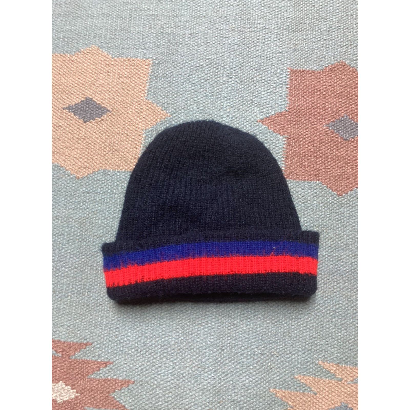 Vintage VINTAGE Skull Cap Beanie Hat Skully Striped Tri Tone Acrylic Knit Red Blue Mens One Size Blue Striped Acrylic Knit Beanie Skull Cap SKULLY Mens Size ONE SIZE - 3 Thumbnail