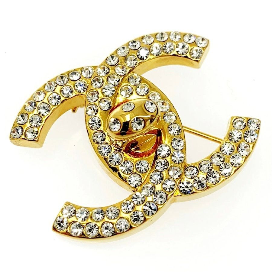 Chanel Vintage CHANEL golden turn lock CC pin brooch with crystals. Size ONE SIZE - 2 Thumbnail