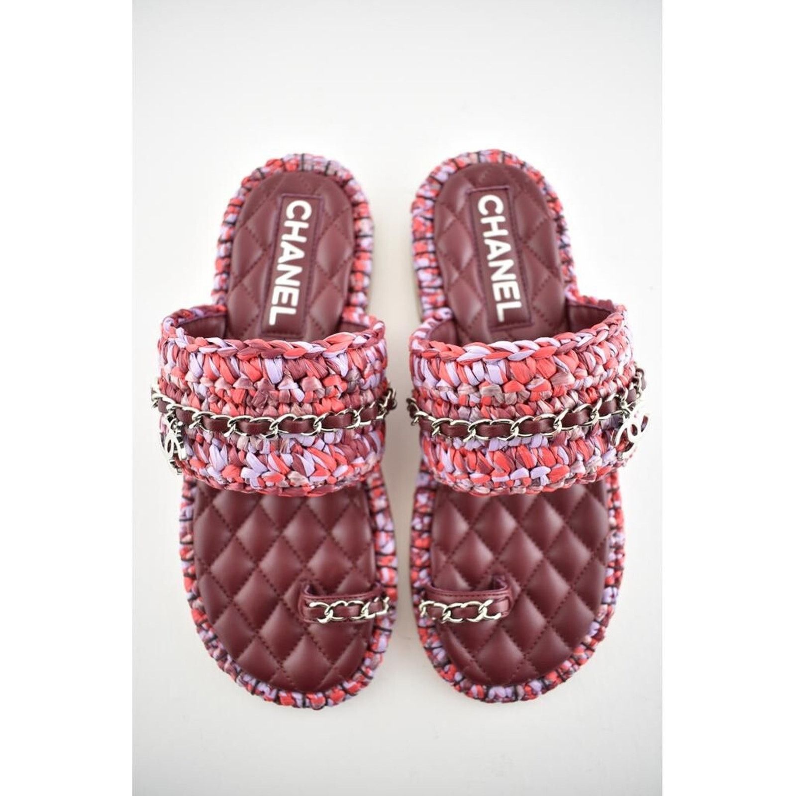Chanel Chanel 20S Red Purple Raffia Tweed CC Chain Logo Mule Size US 7 / IT 37 - 8 Thumbnail