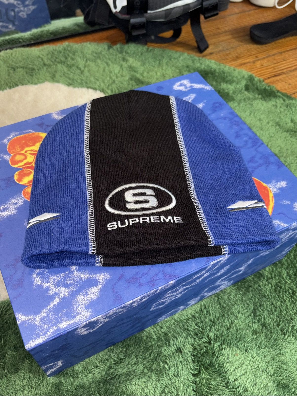 Supreme Supreme racing panel beanie navy | Grailed