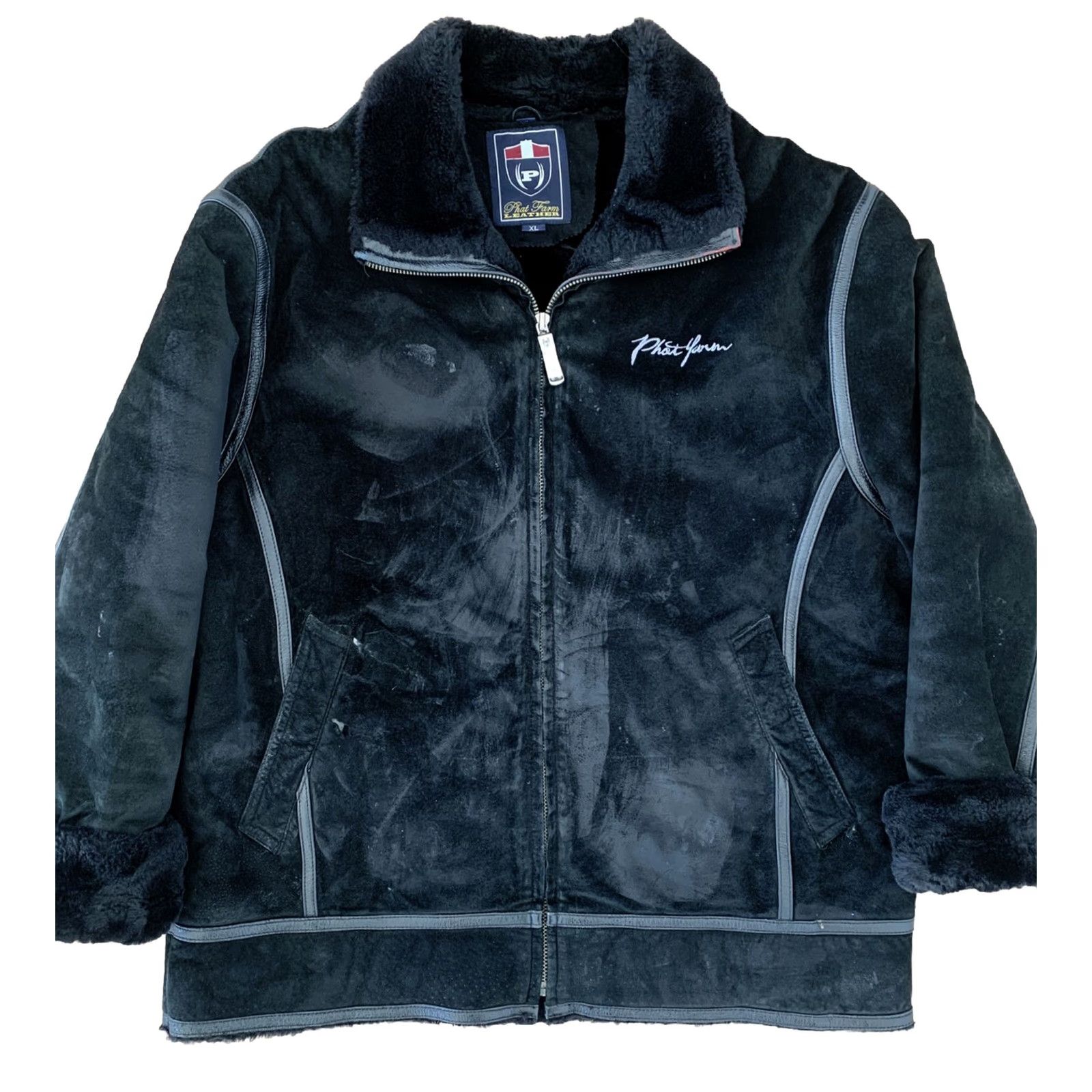 Phat Farm VINTAGE Phat Farm Leather Coat Bomber Jacket Men XL Black 90s Suede Leather Shearling Lined Heavy Coat zip Mid-Length Size US XL / EU 56 / 4 - 2 Thumbnail
