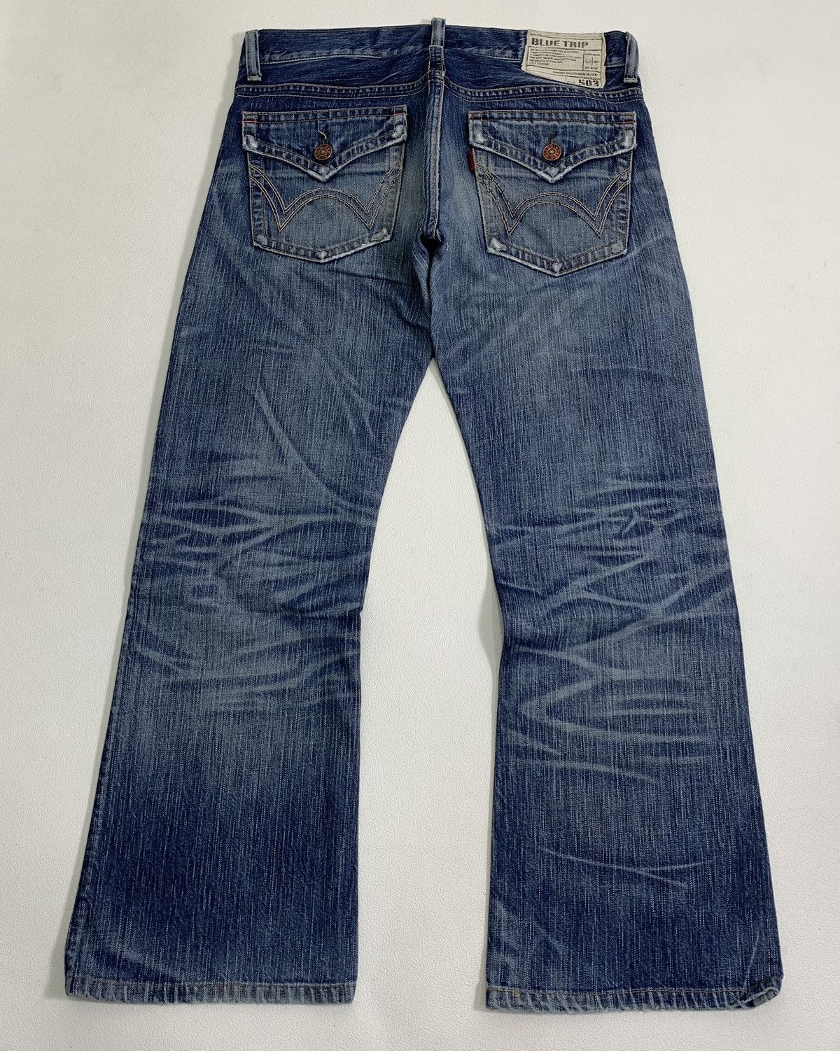 Edwin Vtg Distressed Flare Edwin 503 Blue Trip Japan 🎌 Size US 33 - 5 Thumbnail