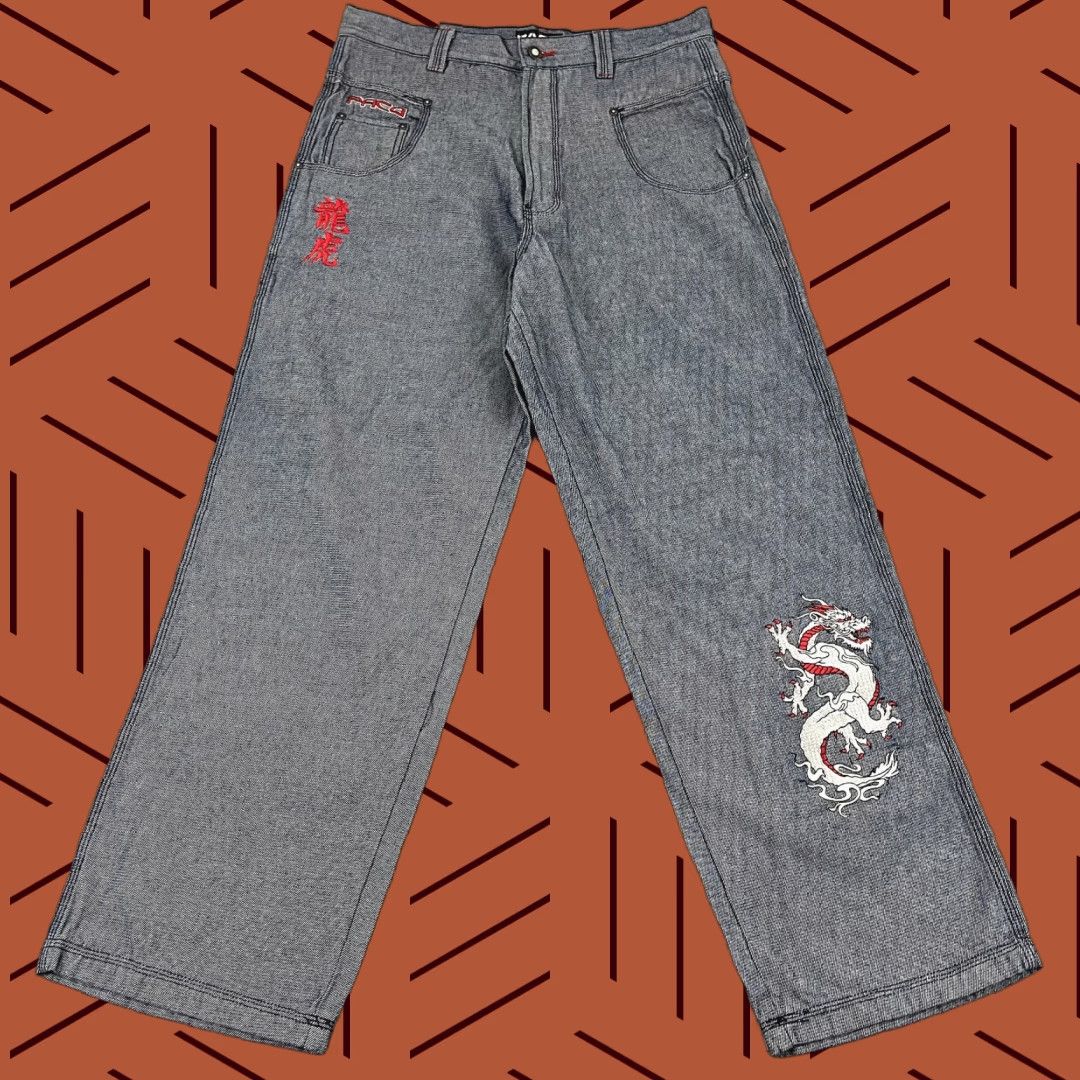 VINTAGE PACO Jeans Mens 34 x 31 Hip Hop Wide Skater Dragon Tiger Embroidered Y2K Jeans Mens Blue 90s Hip Hop Retro