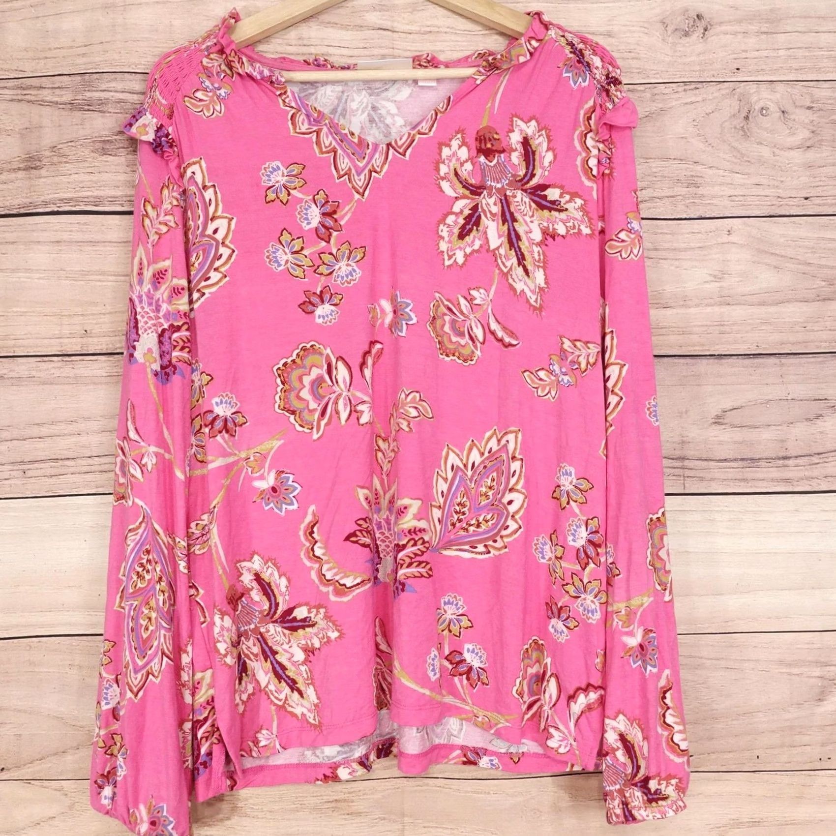 Vintage Belle by Kim Gravel Blouse Womens M Pink Floral V-Neck Balloon Sleeve Tunic Size M / US 6-8 / IT 42-44 - 2 Thumbnail