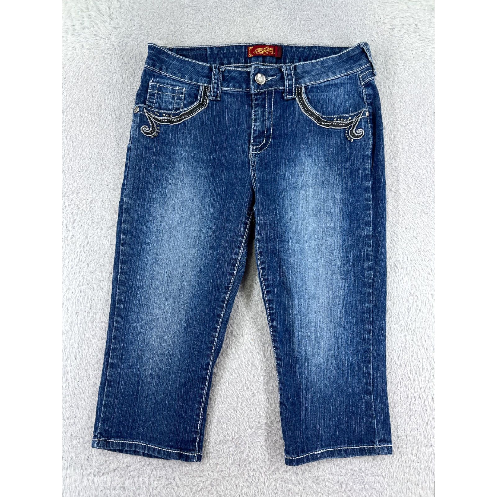 Vintage One 5 One Womens Jeans Capri 10 Blue Denim Embroidered Bling Cotton Blend Size 32" / US 10 / IT 46 - 2 Thumbnail