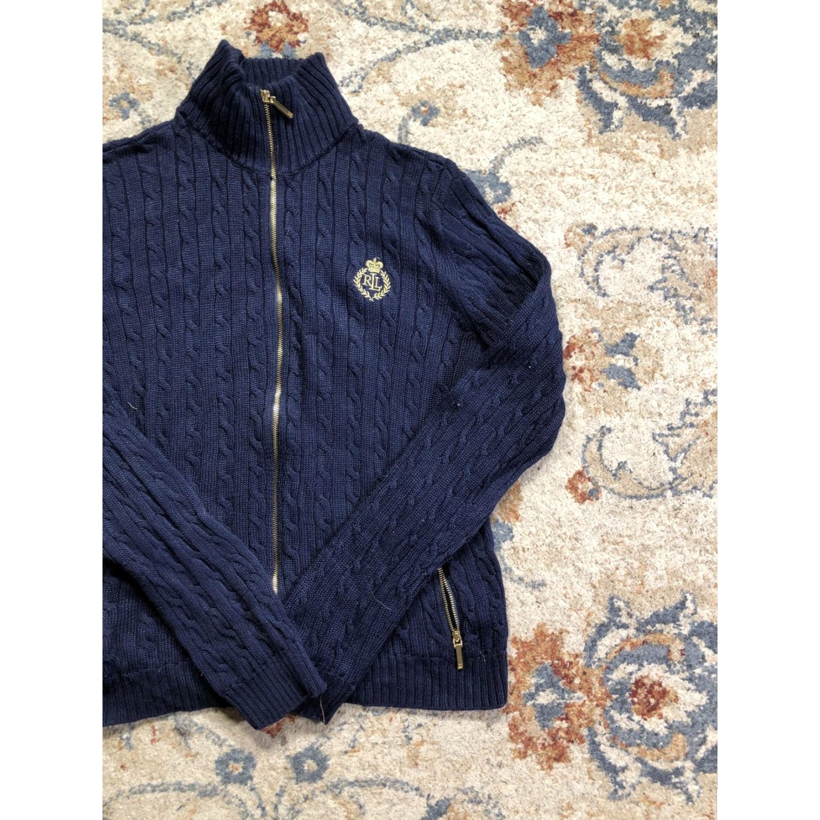Ralph Lauren VINTAGE? No. Lauren Ralph Lauren Sweater Womens M Navy Cable Knit Full Zip RL Crest Size M / US 6-8 / IT 42-44 - 4 Thumbnail