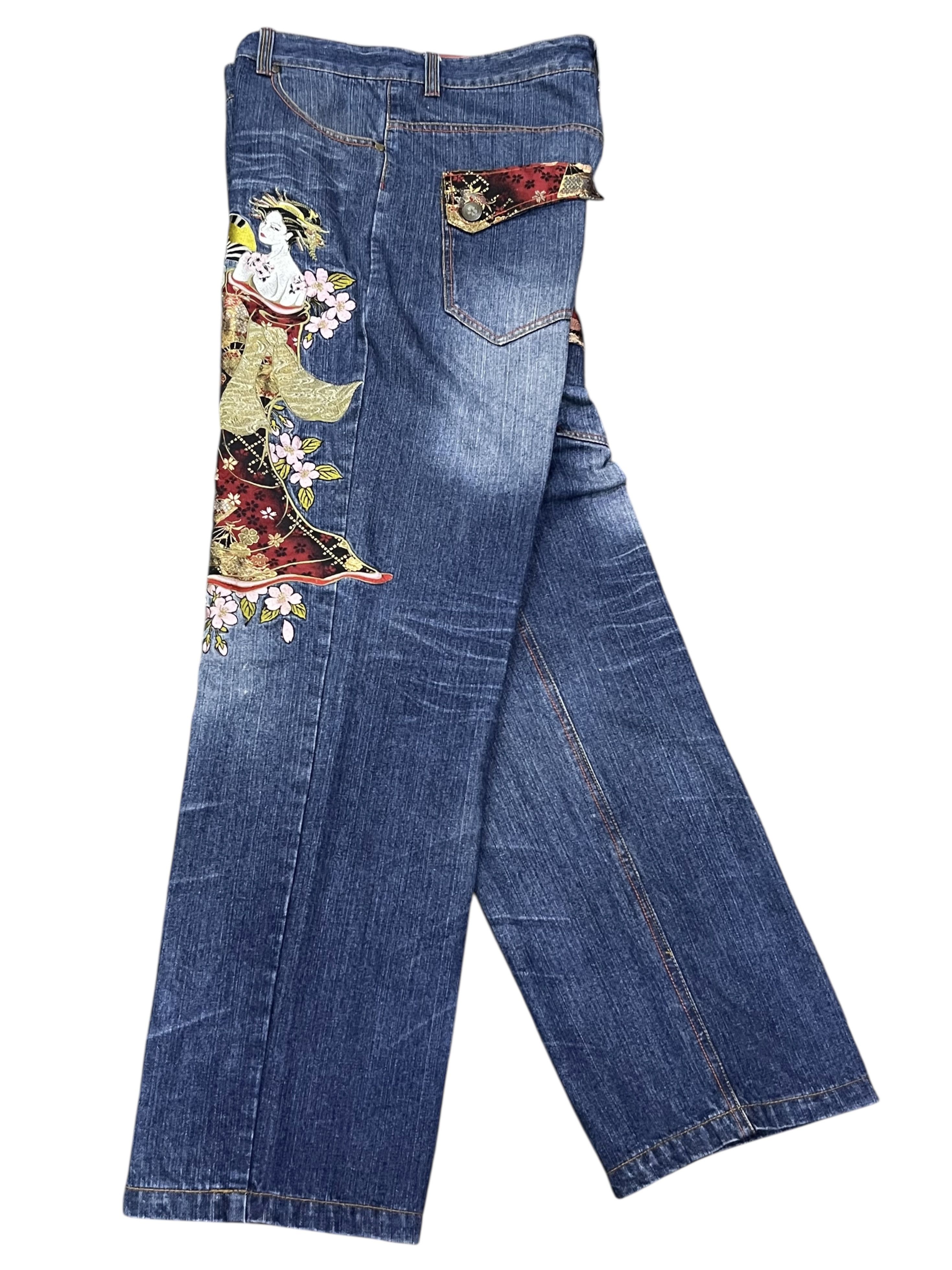 Addict Clothes Japan GEISHA & SAKURA Big Embroidery Baggy Fit Karakuri Denim Jpn Size US 35 - 15 Thumbnail
