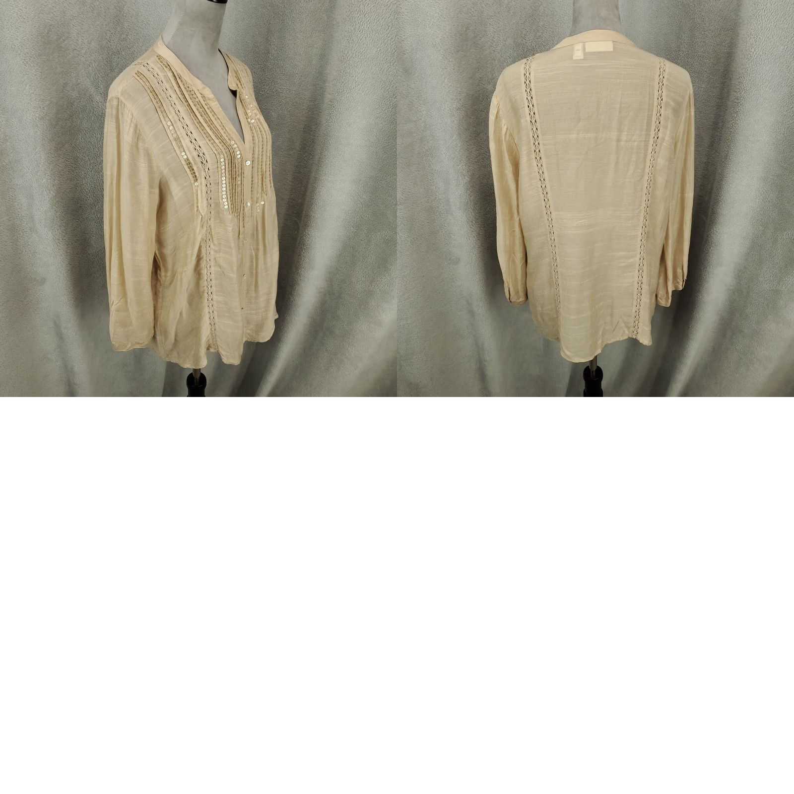 Vintage Chico's Blouse Women Adult Large Beige Sequin Button Sheer V-Neck Long Sleeve Rayon Womens Size L / US 10 / IT 46 - 8 Thumbnail
