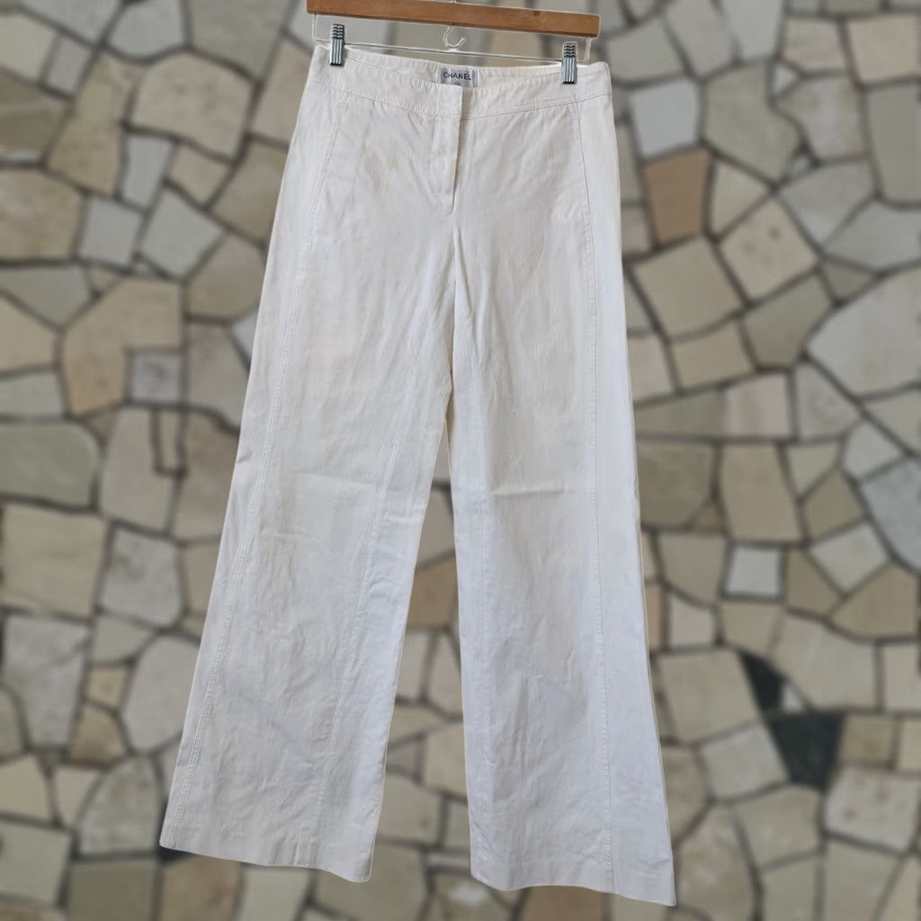 Chanel CHANEL White Cotton Wide Leg Trouser Flared High Rise Pants 38 Italy Women Regular Size 38 Womens Size 26" / US 2 / IT 38 - 1 Thumbnail