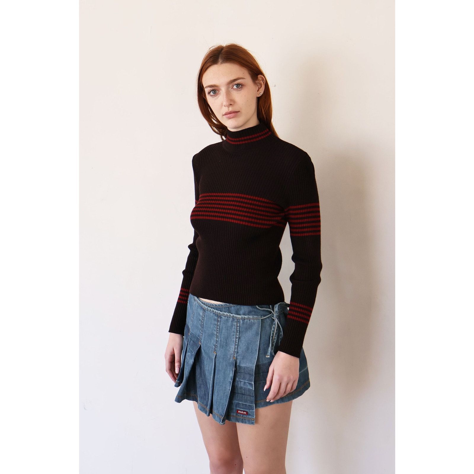 Celine Vintage CELINE Brown + Red Ribbed Striped Turtleneck Size M / US 6-8 / IT 42-44 - 1 Thumbnail