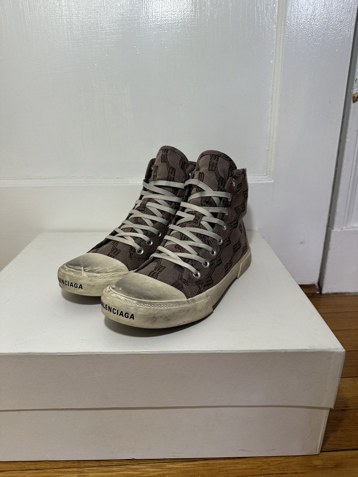 image of Balenciaga Paris High Top Bb Monogram Beige Brown Shoes, Men's (Size 8)