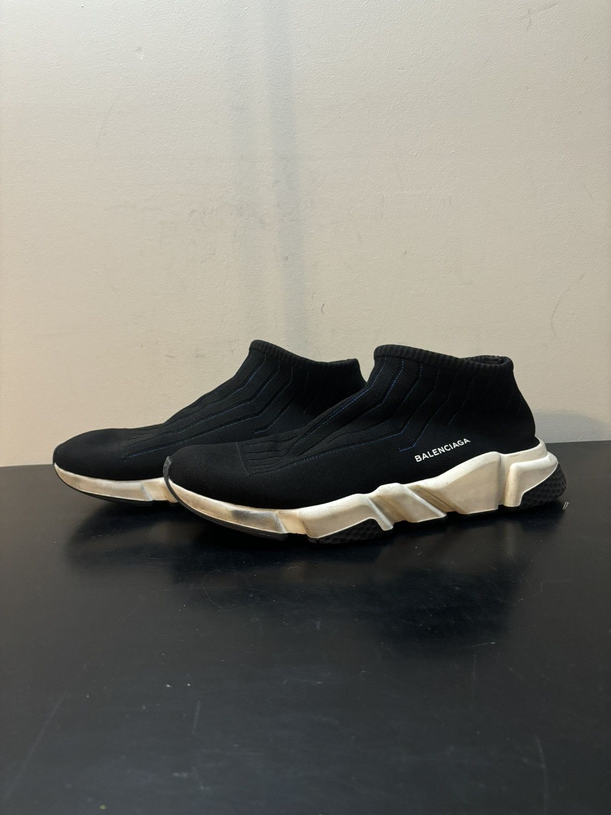 Balenciaga Speed Low Top Knit Slip On Trainer Black White
