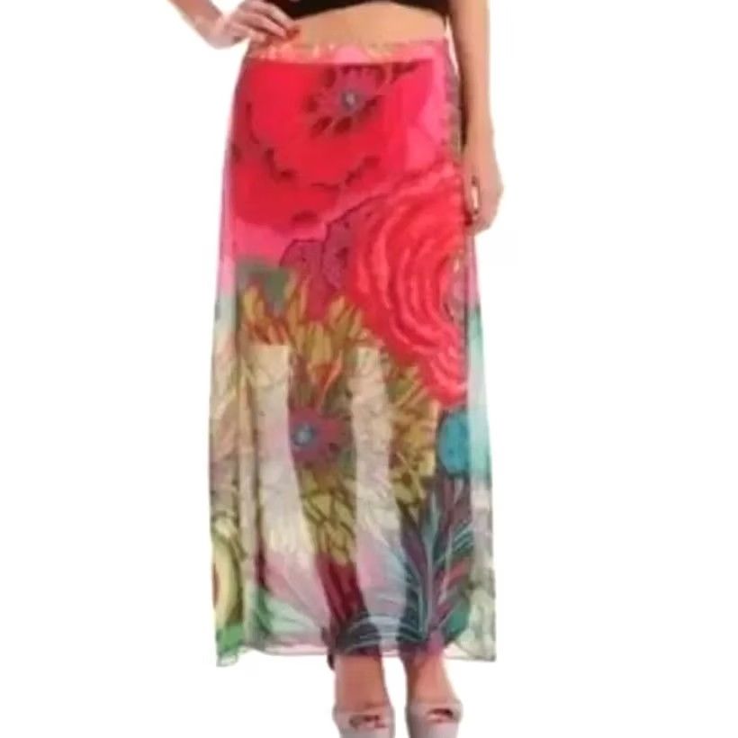 Desigual Desigual Skirt Womens XL Pink Floral Midi Sheer Slits Beachy Vacation Size 40" / US 18 - 2 Thumbnail