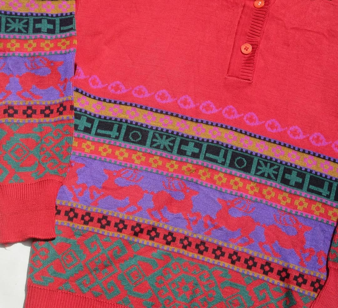 Aran Isles Knitwear × Vintage Vintage Fair Isle Polo Knitwear Jumper Pullover With Collar Size US L / EU 52-54 / 3 - 4 Thumbnail