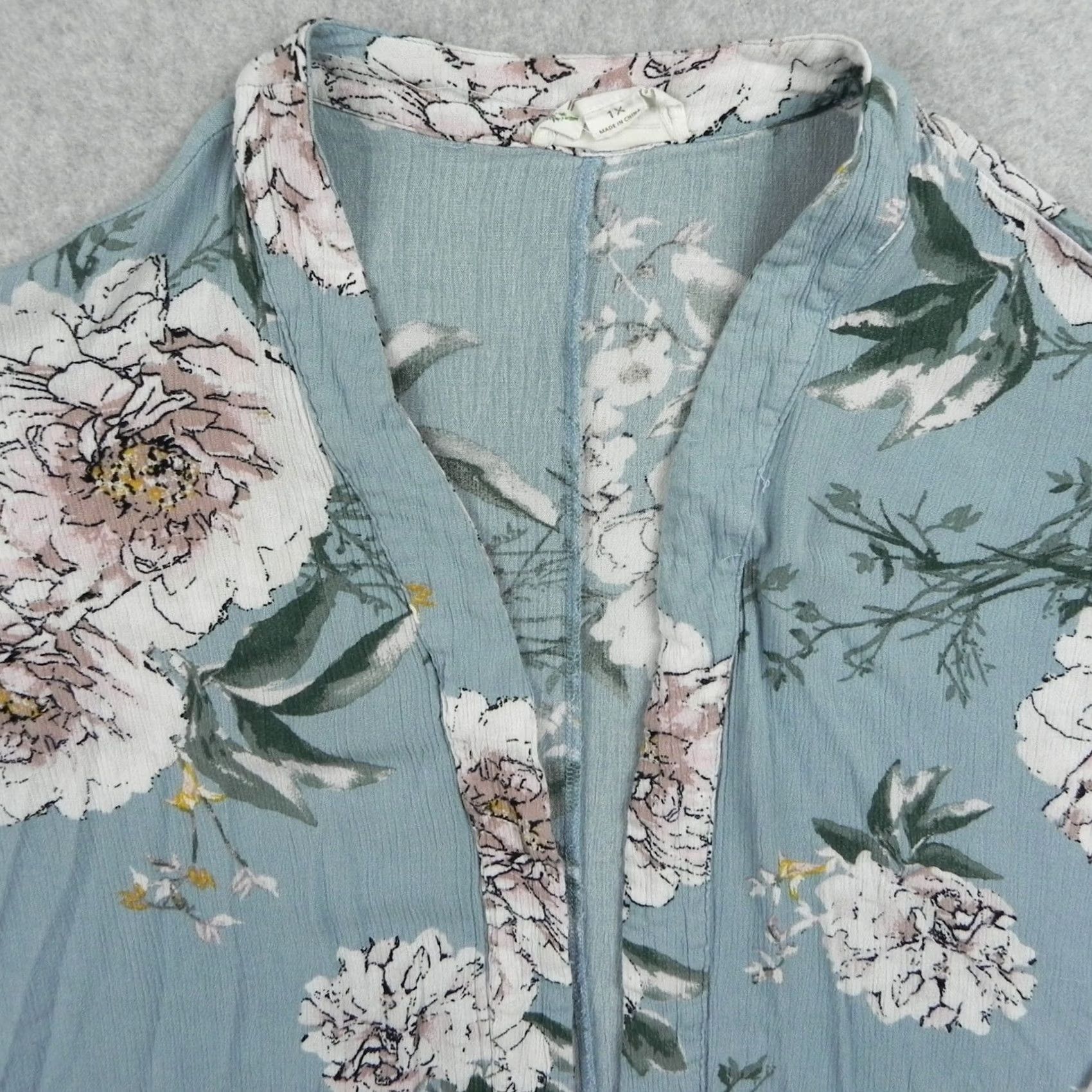 Vintage Loveriche Kimono Cardigan Womens 1X Boho Ruffle Sleeve Jacket Open Front Floral Blue Size XL / US 12-14 / IT 48-50 - 2 Thumbnail