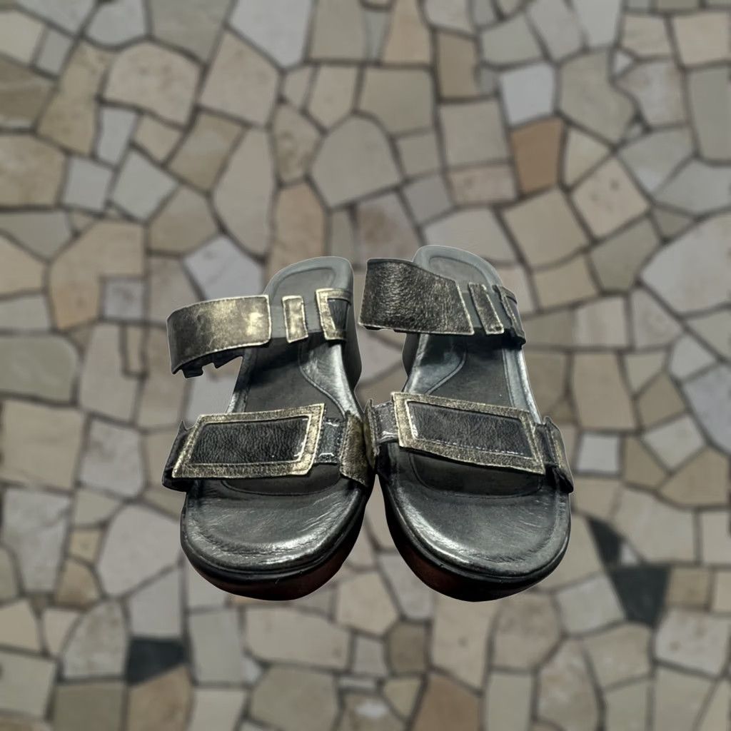 Vintage Naot Sandal Women's 39 Black Leather Strappy Wedge Adjustable Velcro Metal Theme 9816 Good Size US 6 / IT 36 - 1 Thumbnail