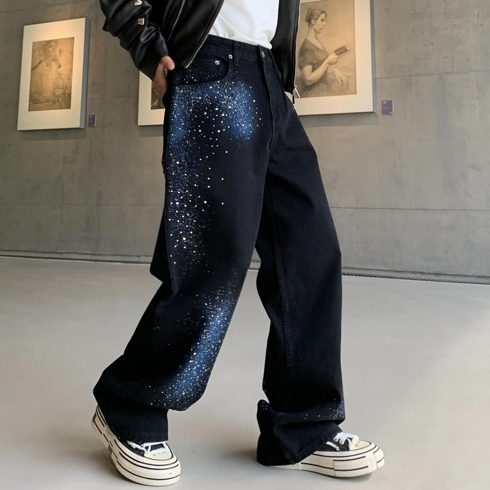 Japanese Brand Black Galaxy Print Wide Leg Jeans, Baggy Denim Pants Size US 32 / EU 48 - 2 Thumbnail