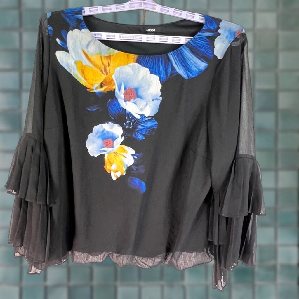 Alfani Alfani Black Floral Print Blouse Top Women's Plus Size 2X Pleated Pullover Size XXL / US 16-18 / IT 52-54 - 1 Thumbnail
