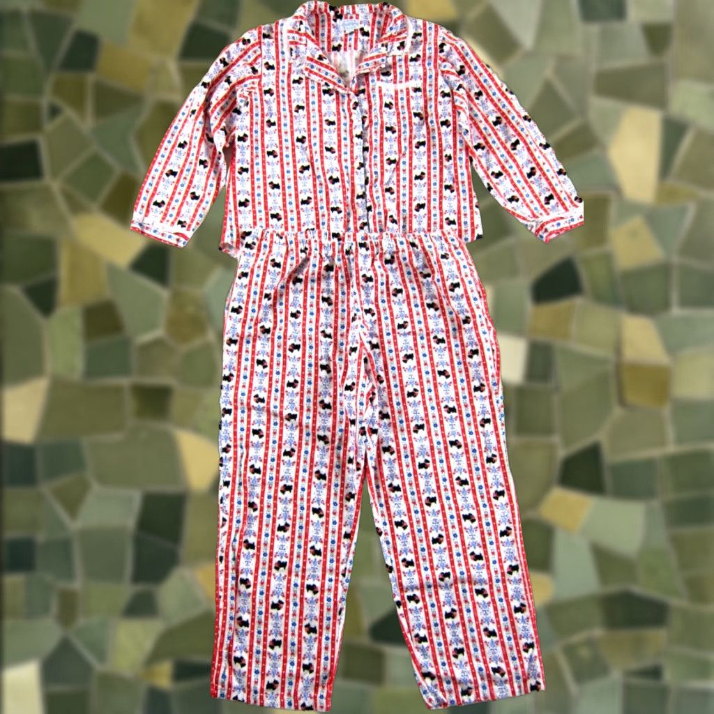 Vintage VINTAGE Lanz of Salzburg Pajama Set Women's Large Red Floral Cotton Flannel Dog Pattern with Pockets Size ONE SIZE - 1 Thumbnail