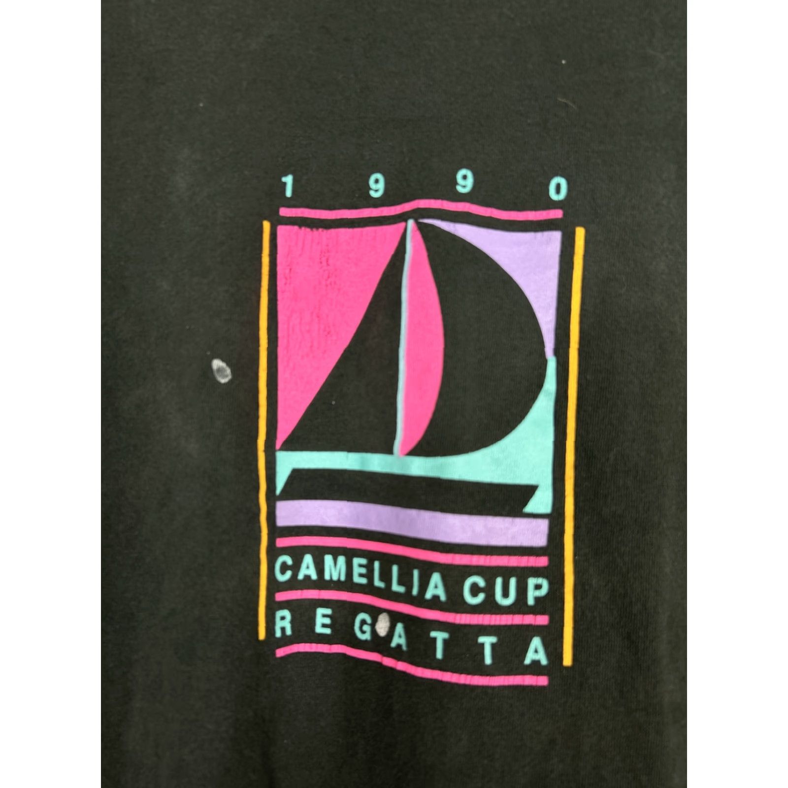 Fruit Of The Loom VINTAGE Fruit of the Loom T-Shirt Men XL Short Sleeve Black Neon Pink 1990 Camellia Cup Regatta Mens XL Shirt Size US XL / EU 56 / 4 - 3 Thumbnail