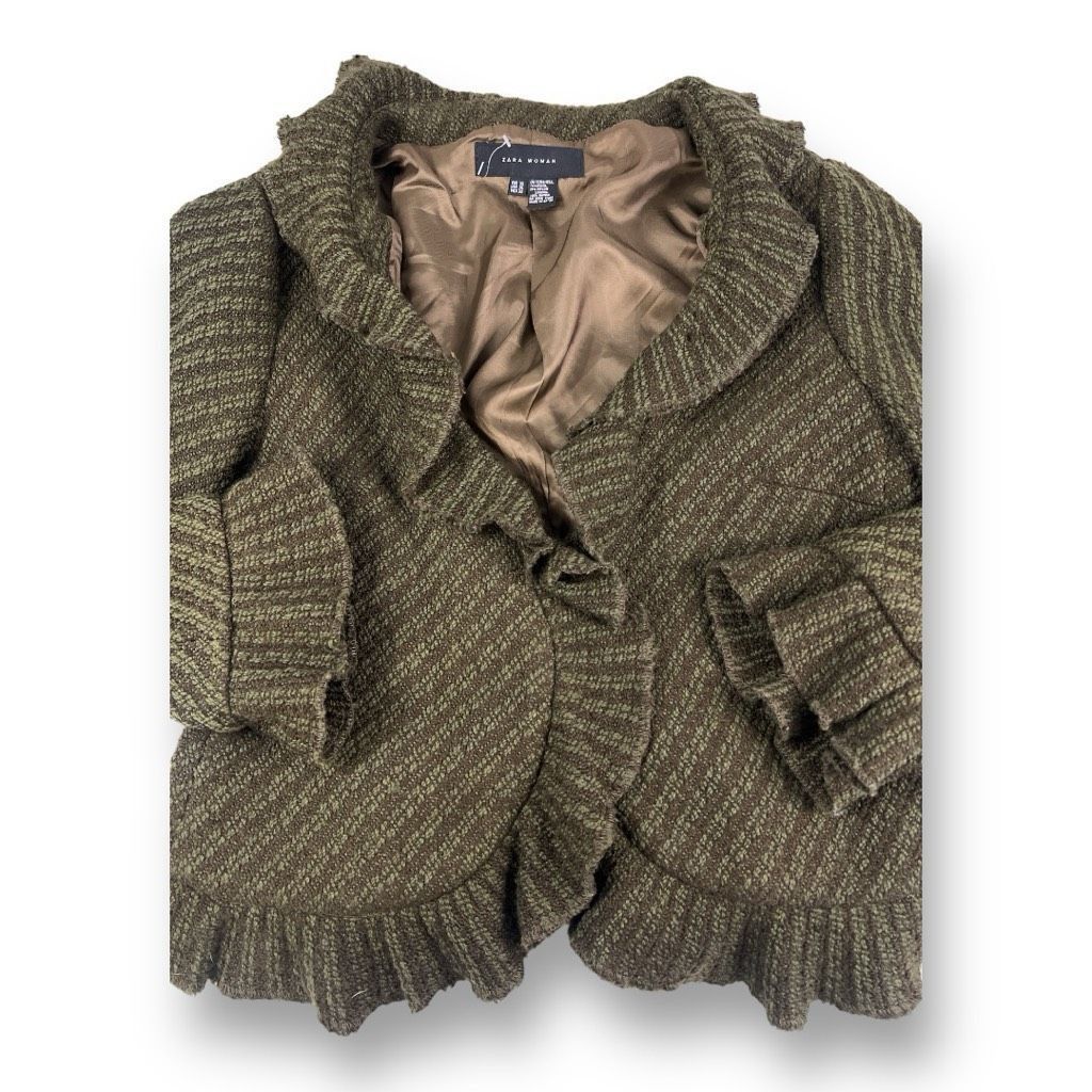 Zara Zara Tweed Ruffle Wool Blend Green Blazer Size Extra Large Size XL / US 12-14 / IT 48-50 - 4 Thumbnail