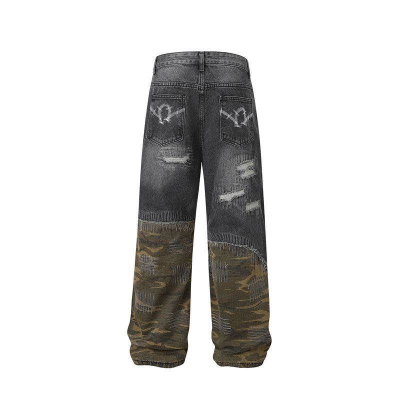 Jean Camouflage Patchwork Hole Bottom Jeans Size US 35 - 2 Thumbnail