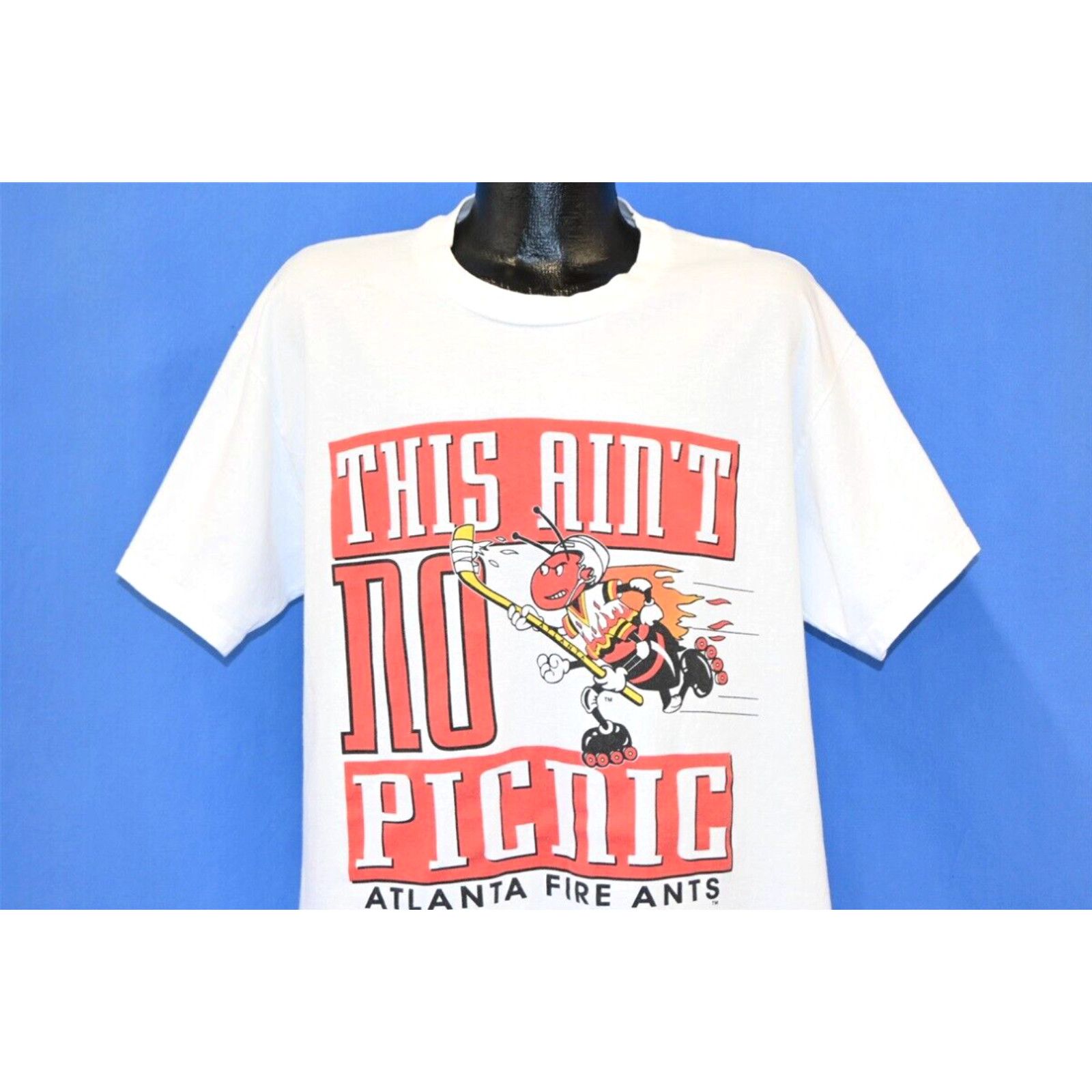 Image of Vintage 90's This Ain't No Picnic Atlanta Fire Ants Roller Hockey Team T-Shirt XL in White, Men's