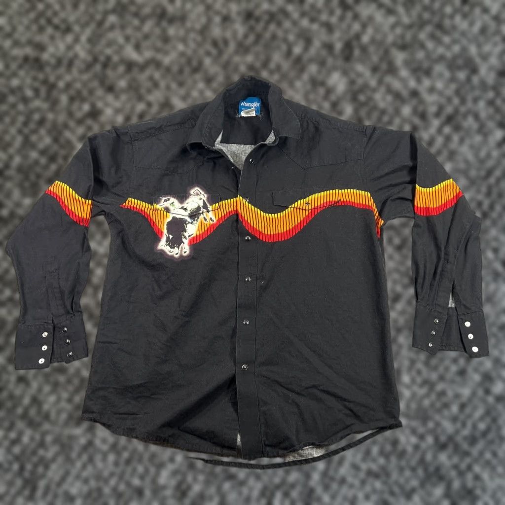 Wrangler VINTAGE Wrangler Western Shirt Black Men's L Rodeo Bull Riding Long Sleeve Snap Button-Up with Pockets Size US L / EU 52-54 / 3 - 1 Thumbnail