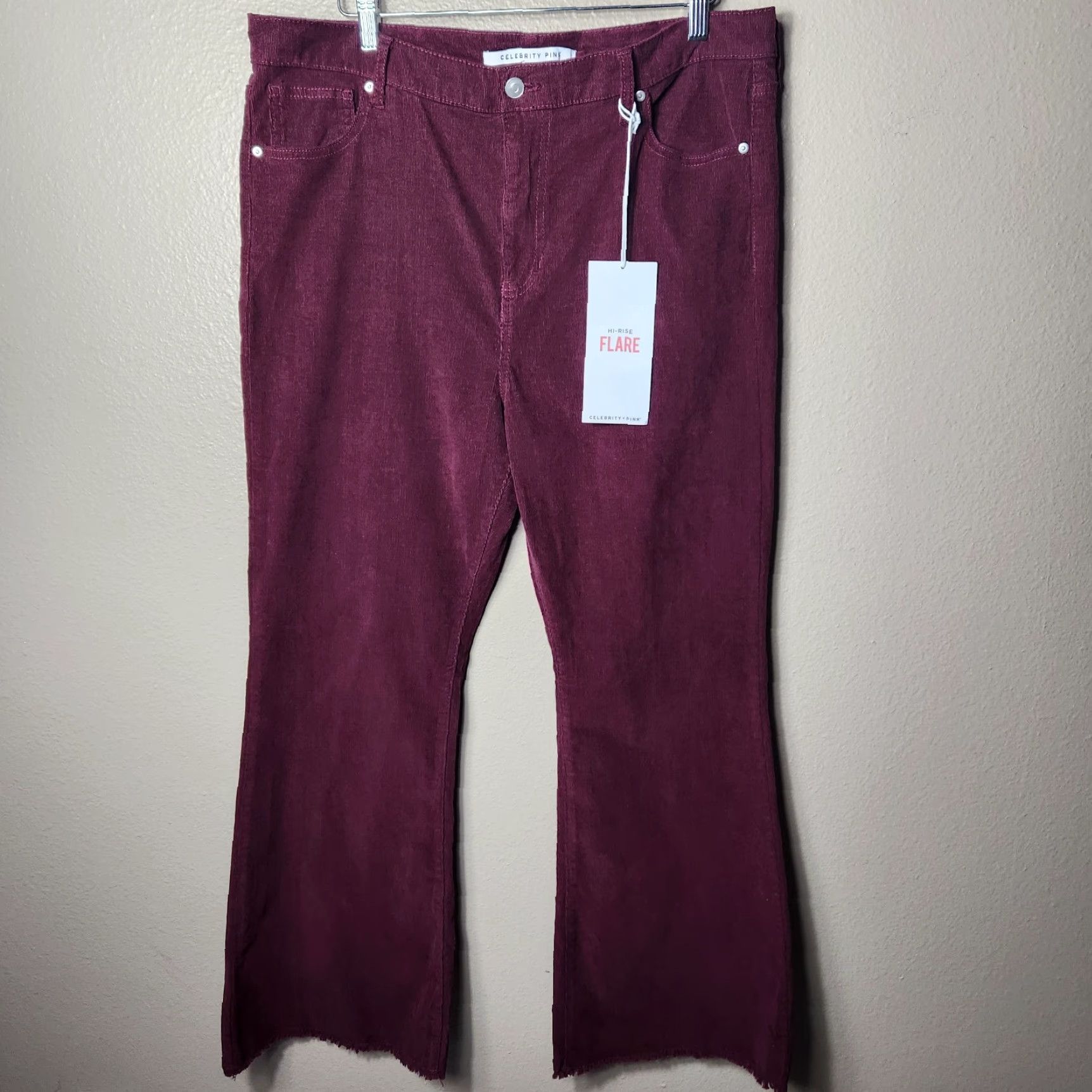 Vintage Celebrity Pink Corduroy Burgundy Hi Rise Flare Frayed Hem Pants Women Juniors 19/34 Red Burnt NWT Jeans Pant Size 40" / US 18 - 2 Thumbnail