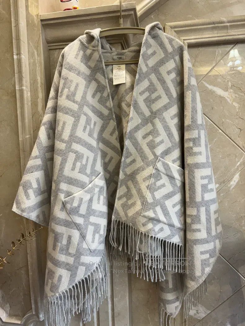 Fendi FF Letter Hooded Cloak Shawl Grey and White Color