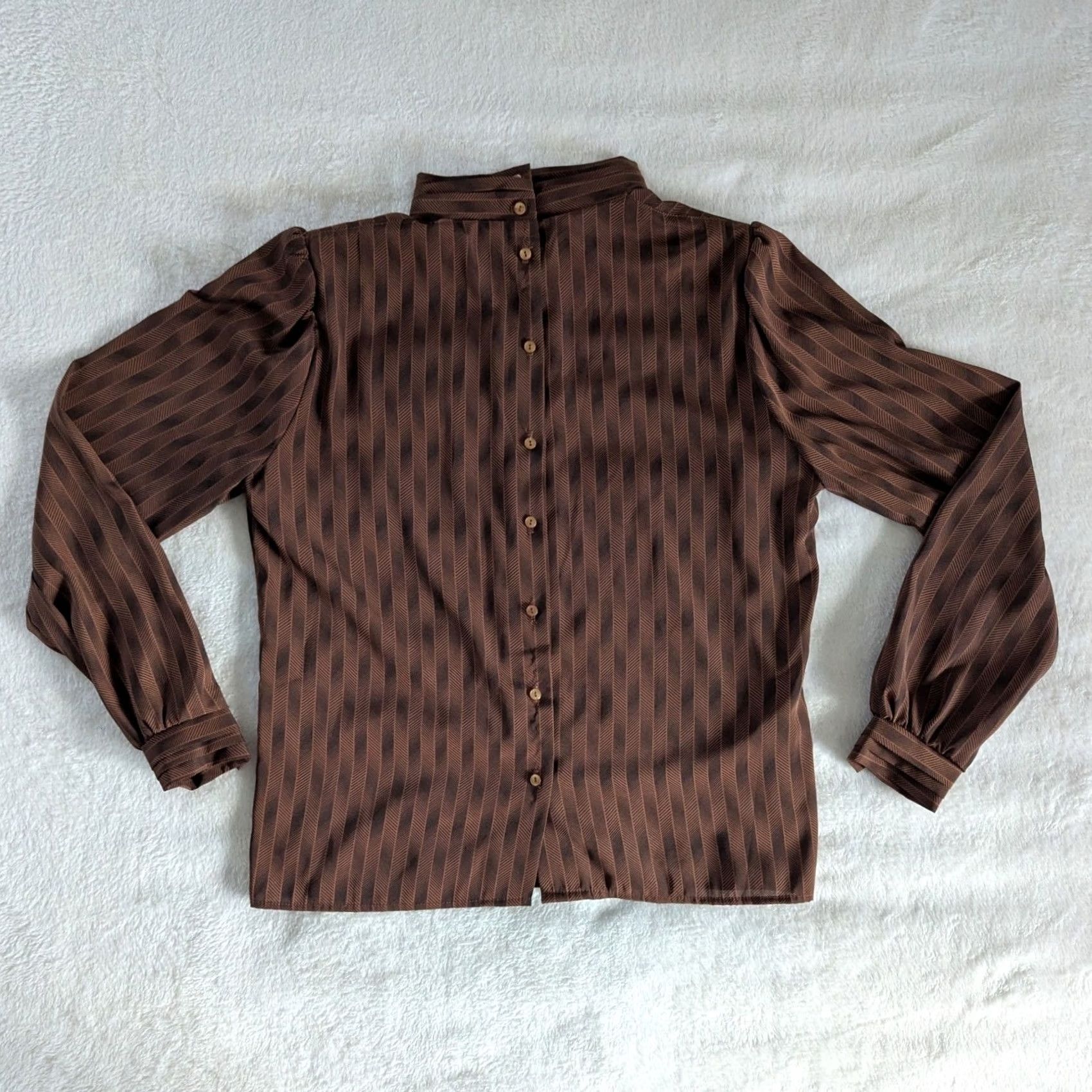 Vintage VINTAGE Jonathan Martin Blouse Striped Mock Neck Puff Sleeve Brown Womens Sz 9/10 Size M / US 6-8 / IT 42-44 - 2 Thumbnail