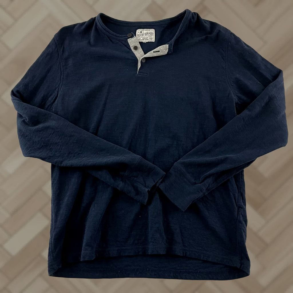 Lucky Brand Lucky Brand Long Sleeve Henley Shirt Men's Large Blue Solid Button-Up Size US L / EU 52-54 / 3 - 1 Thumbnail