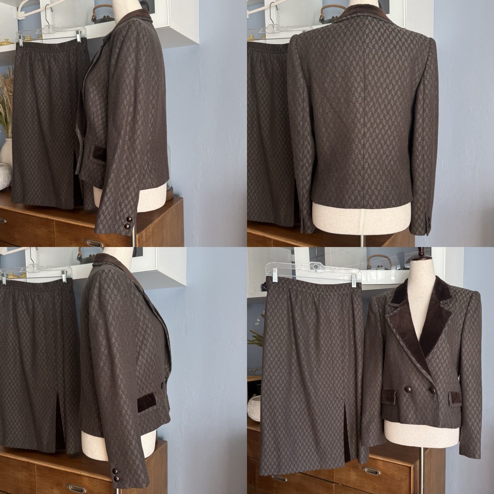 Louis Feraud VINTAGE Louis Feraud Wool Herringbone Tweed Jacket Skirt Suit Velvet Trim Sz 40 Brown/Gray 1980s Tailored Men/Women? Size 32" / US 10 / IT 46 - 8 Thumbnail