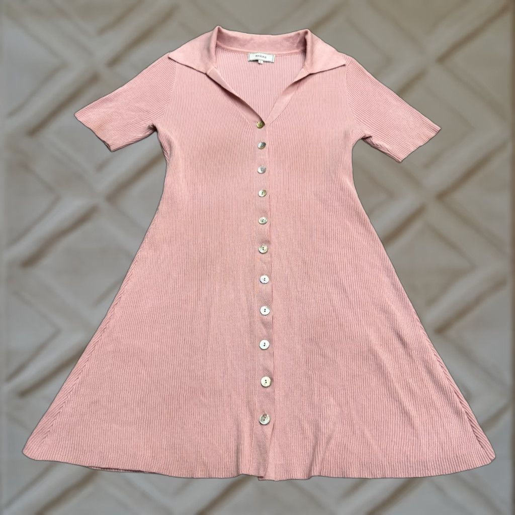 Pinko Rhoas Ribbed Knit Button Down A-Line Shirt Dress Womens L Pink Short Sleeve Size L / US 10 / IT 46 - 1 Thumbnail