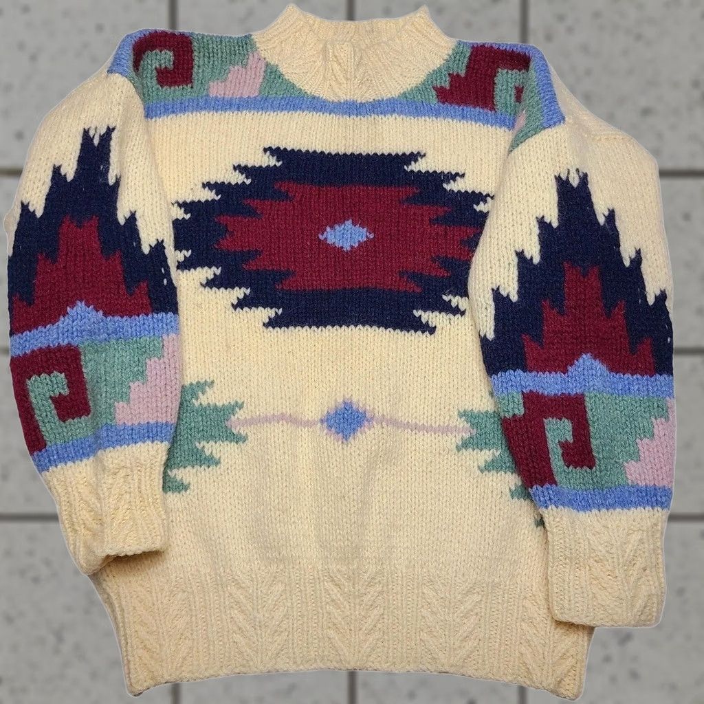 Vintage VINTAGE Susann D Sweater Hand Knit 100% Wool Aztec Design Women's Size Medium Crew Neck Knitted Tight-Knit Long Sleeve Pullover Beige, M Women's, 90s Size M / US 6-8 / IT 42-44 - 1 Thumbnail