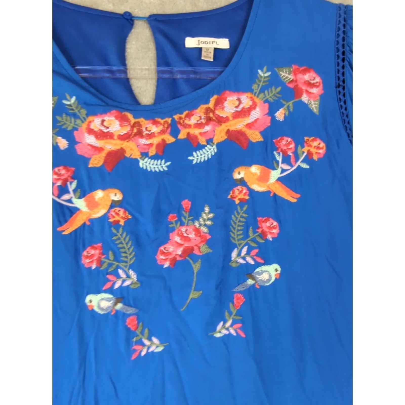 Anthropologie Jodifl Dress Blue Floral Embroidered 3/4 Puff Sleeve Round Neck Short Shift Rayon Machine Washable Casual Womens M Size M / US 6-8 / IT 42-44 - 3 Thumbnail