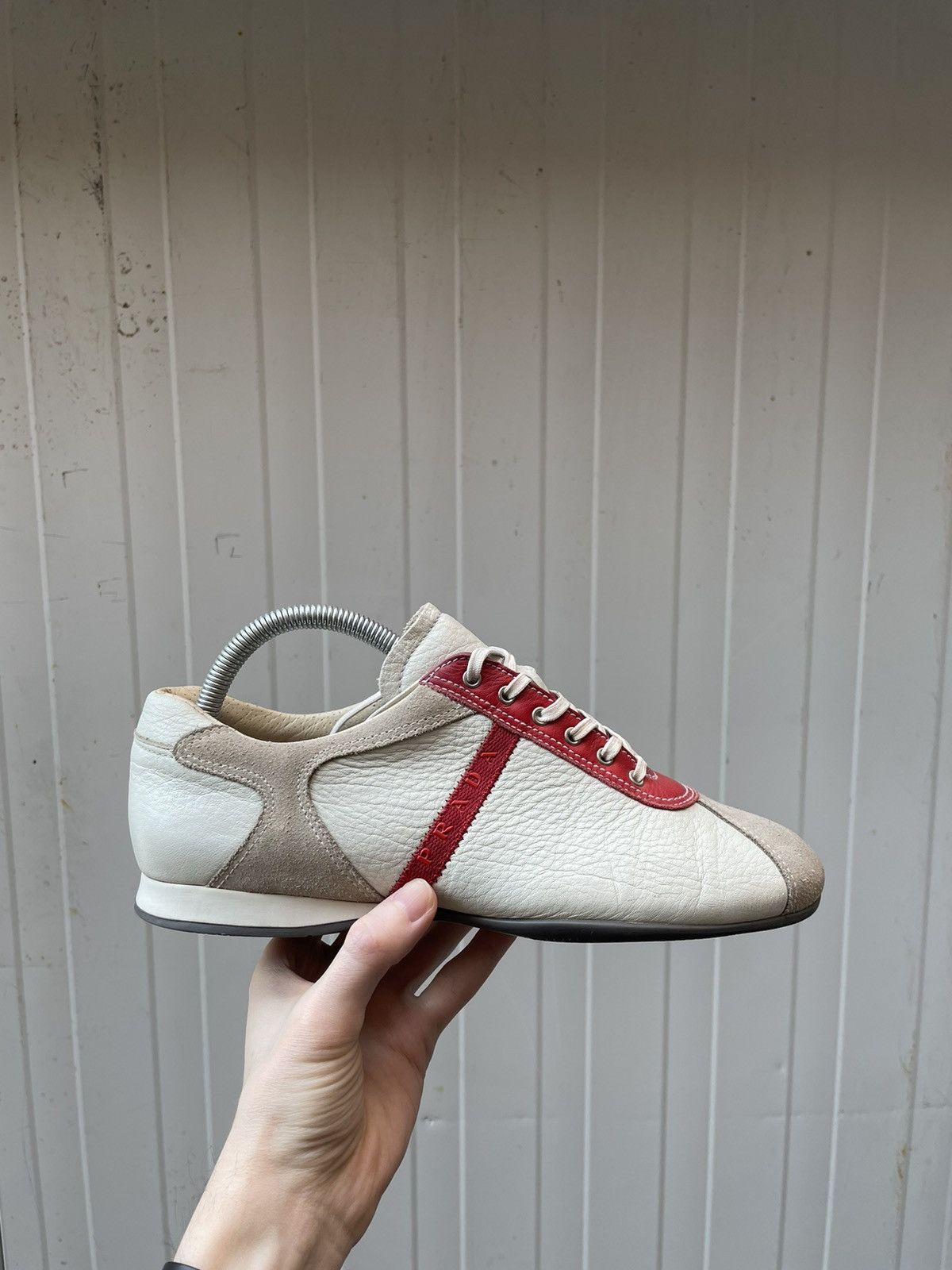 Miu Miu × Prada Vintage Italy Made 🇮🇹 Prada 3200 Red Stripe Leather Sneakers Size US 9.5 / IT 39.5 - 1 Thumbnail