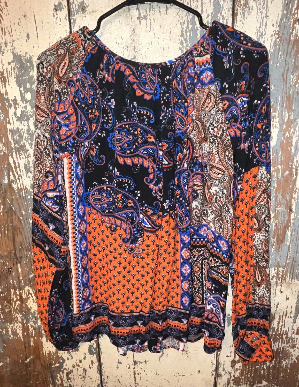 Designer Karen Kane boho blouse, size medium, orange blue Size M / US 6-8 / IT 42-44 - 7 Thumbnail