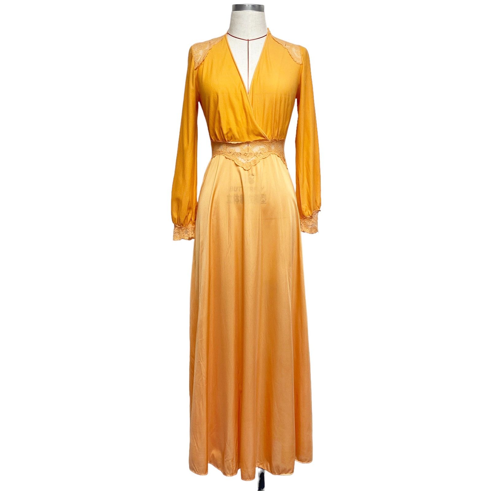 Vintage Vintage Orange Lace Detail Long Sleeve Maxi Slip Dress Size ONE SIZE - 1 Thumbnail