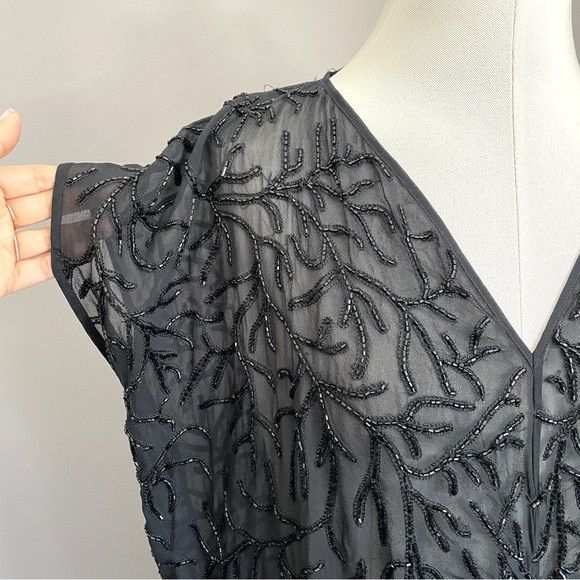 Vintage Vintage Black Beaded Silk Chiffon V-Neck Tunic Top Ruching Size M / US 6-8 / IT 42-44 - 3 Thumbnail