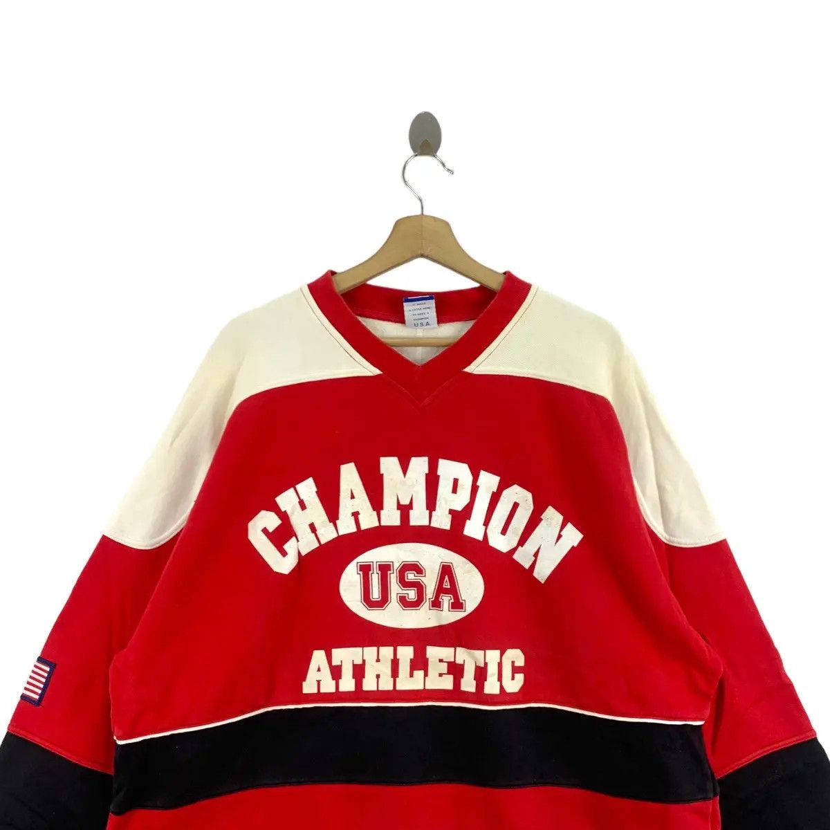 Champion Vintage CHAMPION USA ATHLETIC Striped V Neck Sweatshirt Size L / US 10 / IT 46 - 4 Thumbnail