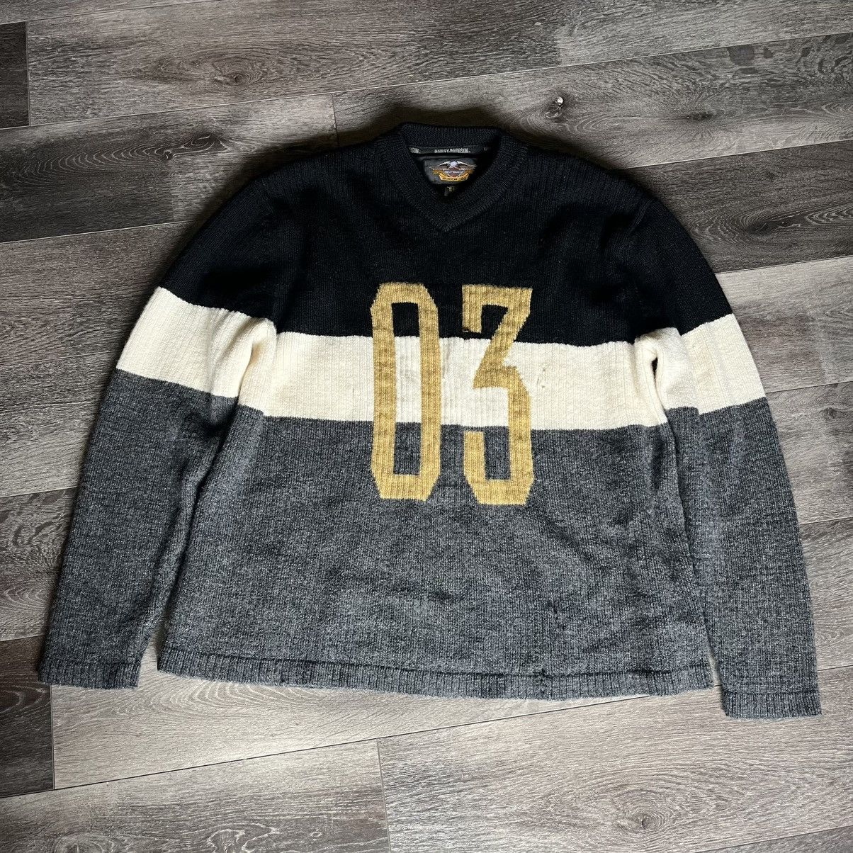 Harley Davidson Vintage 1990s Harley Davidson 03 Striped V Neck Wool Sweater Size US XXL / EU 58 / 5 - 1 Thumbnail