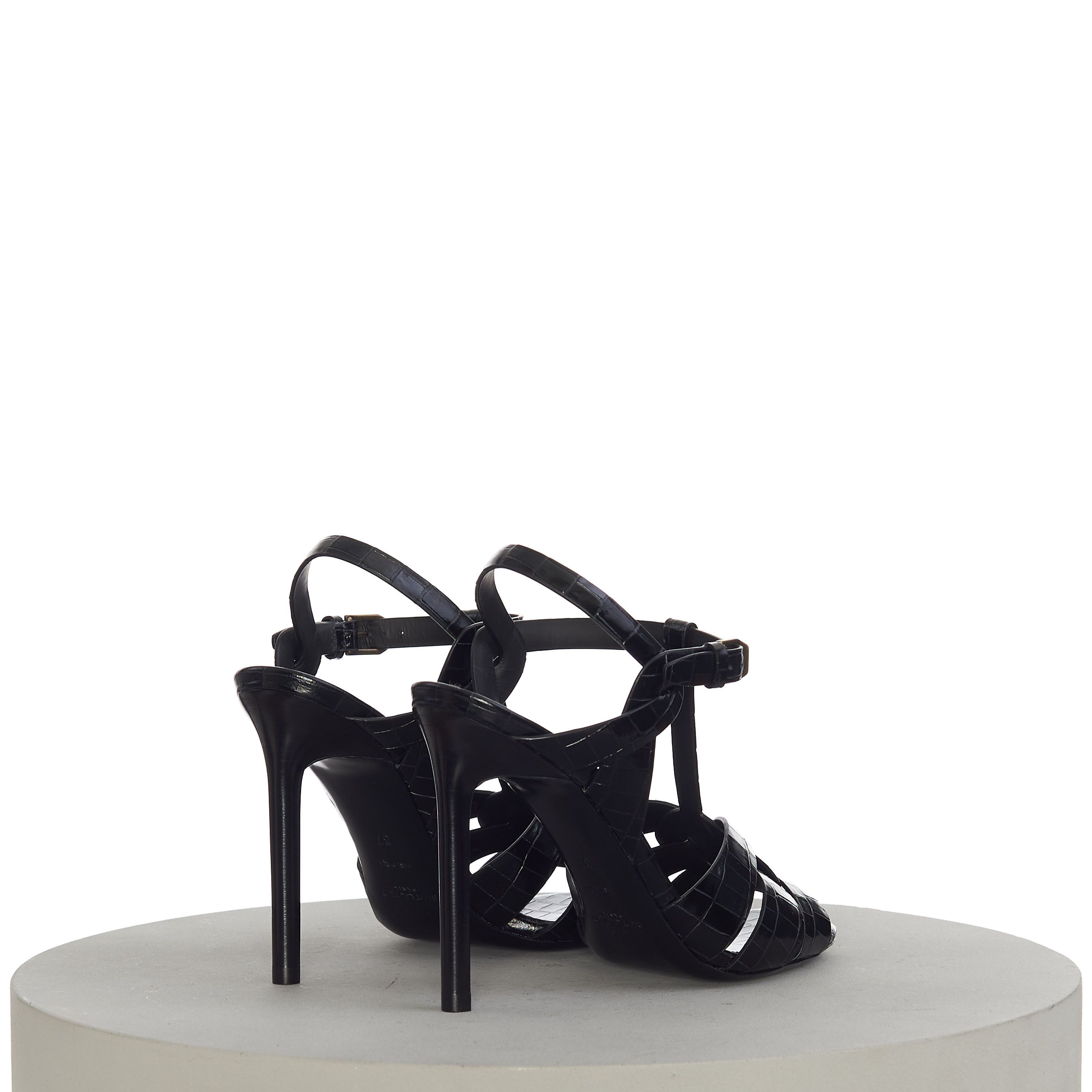 Saint Laurent Paris Tribute Sandals In Black Crocodile-Embossed Shiny Leather Size US 6.5 / IT 36.5 - 8 Thumbnail