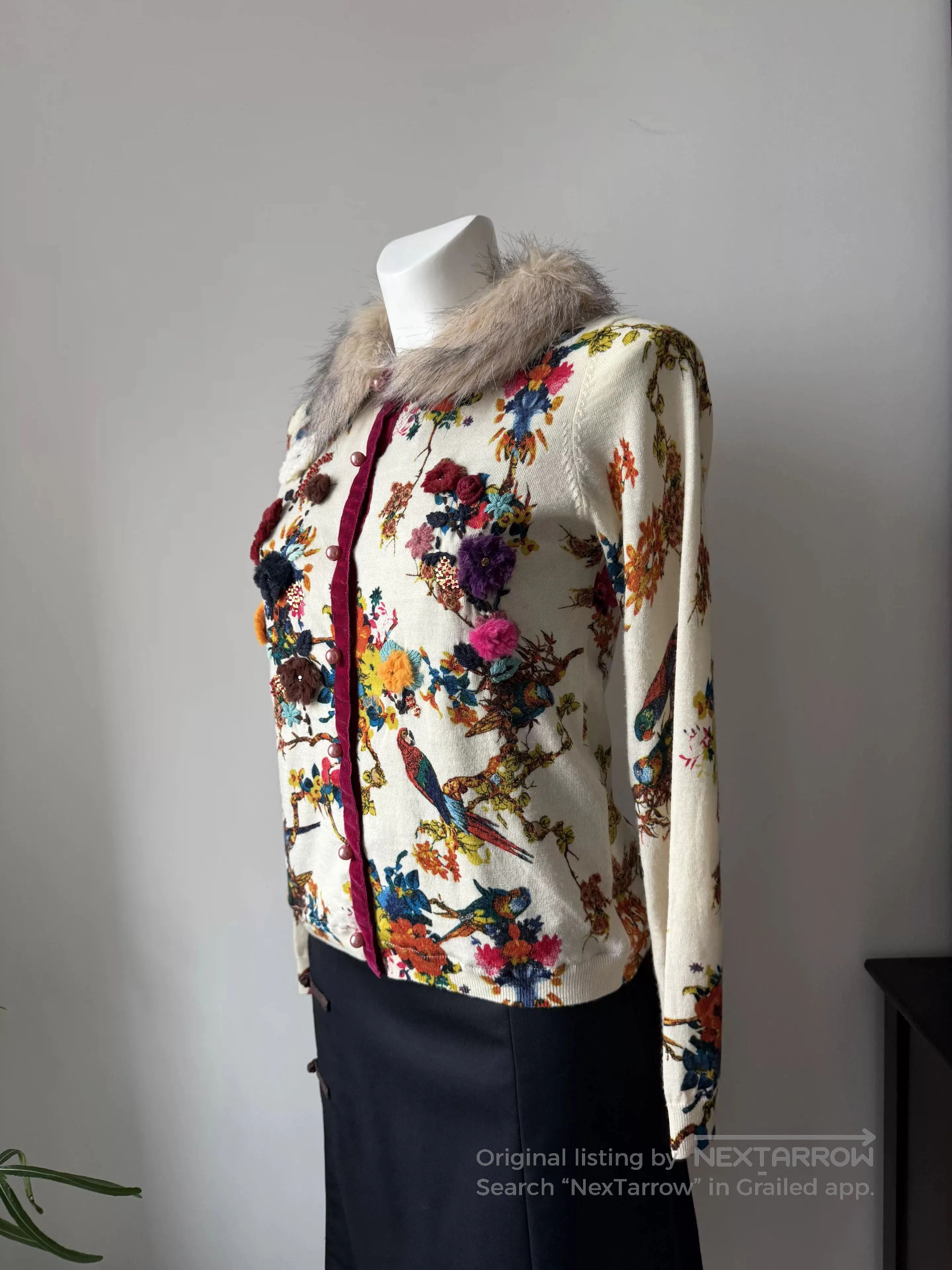 TWINSET TWINSET Floral Bird Embroidery Fur Collar Knit Jacket. Size M / US 6-8 / IT 42-44 - 4 Thumbnail