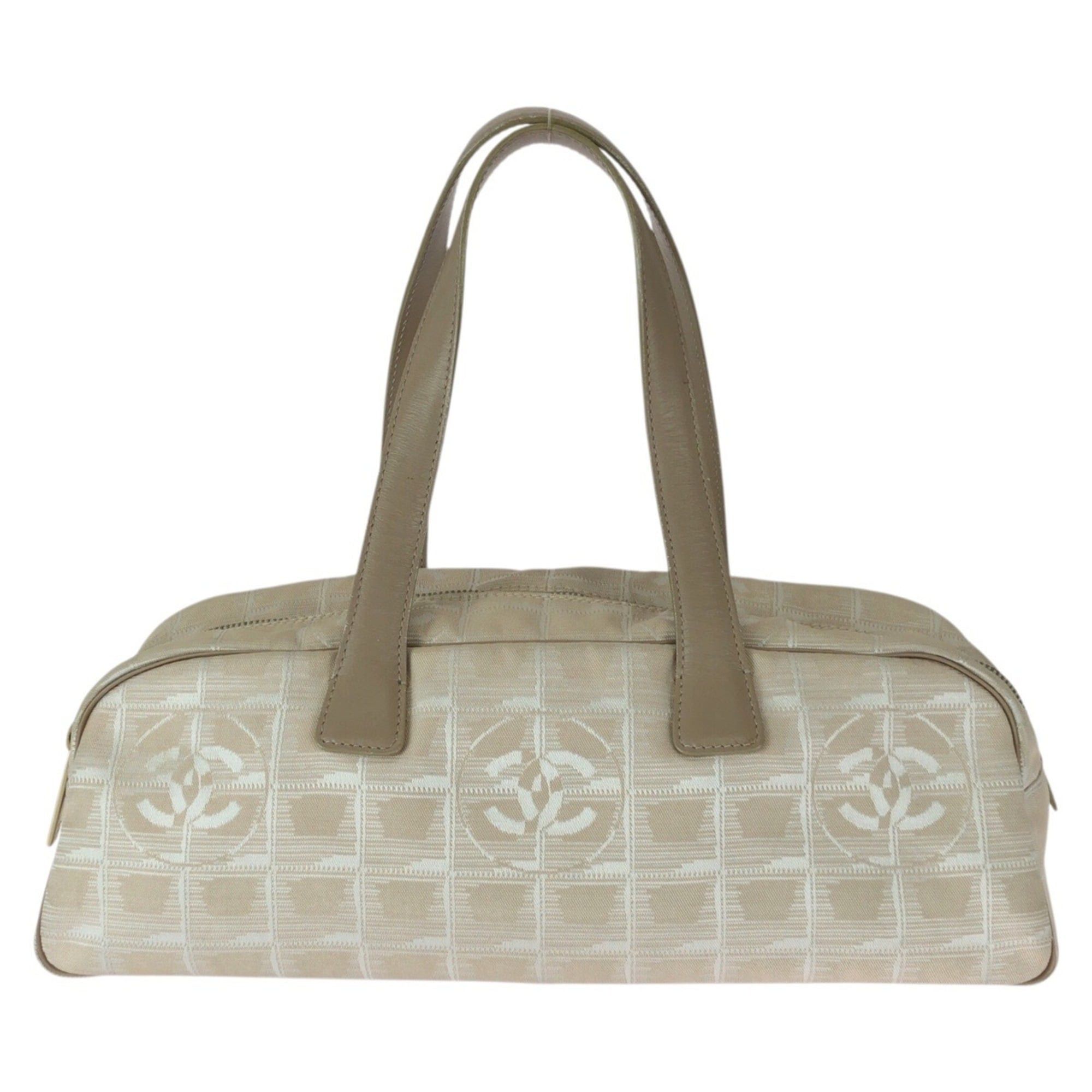 CHANEL New Travel Line Beige Nylon Leather Handbag with Gold Hardware Mini Boston Bag for Women