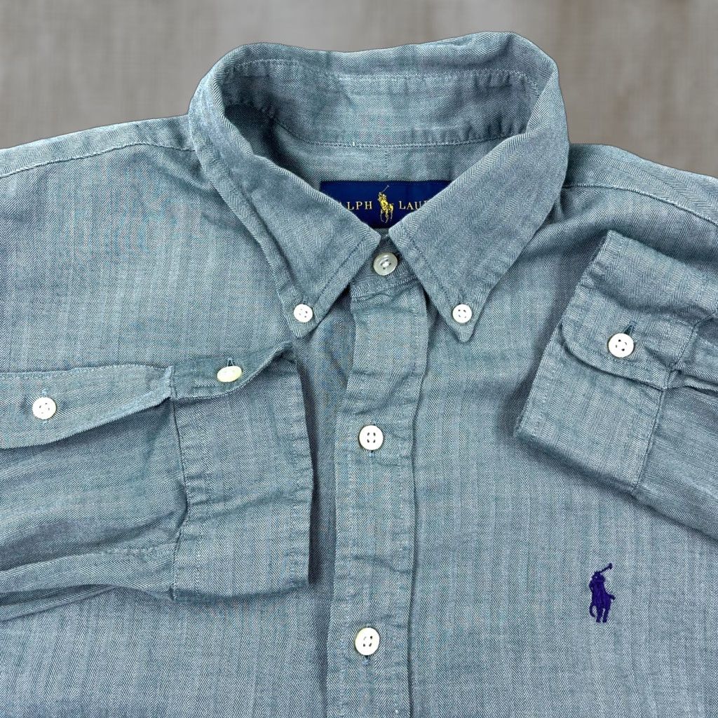 Ralph Lauren Ralph Lauren Button-Up Shirt Men Medium Green Herringbone Lightweight Cotton Casual Dress Size 40R - 1 Thumbnail
