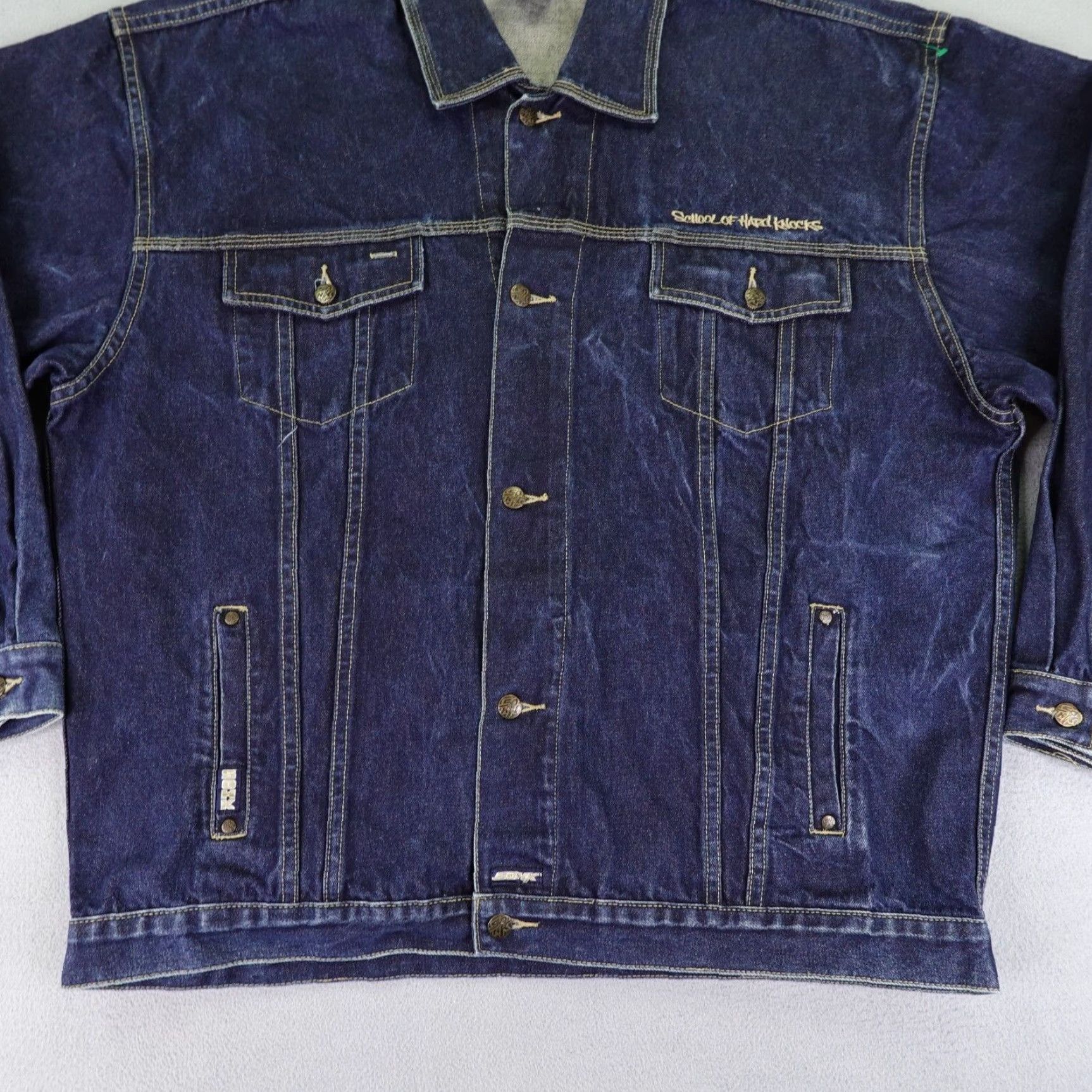 Denime VINTAGE School Of Hard Knocks Jacket 3XL Blue Denim 90s Mens Size US 39 - 5 Thumbnail
